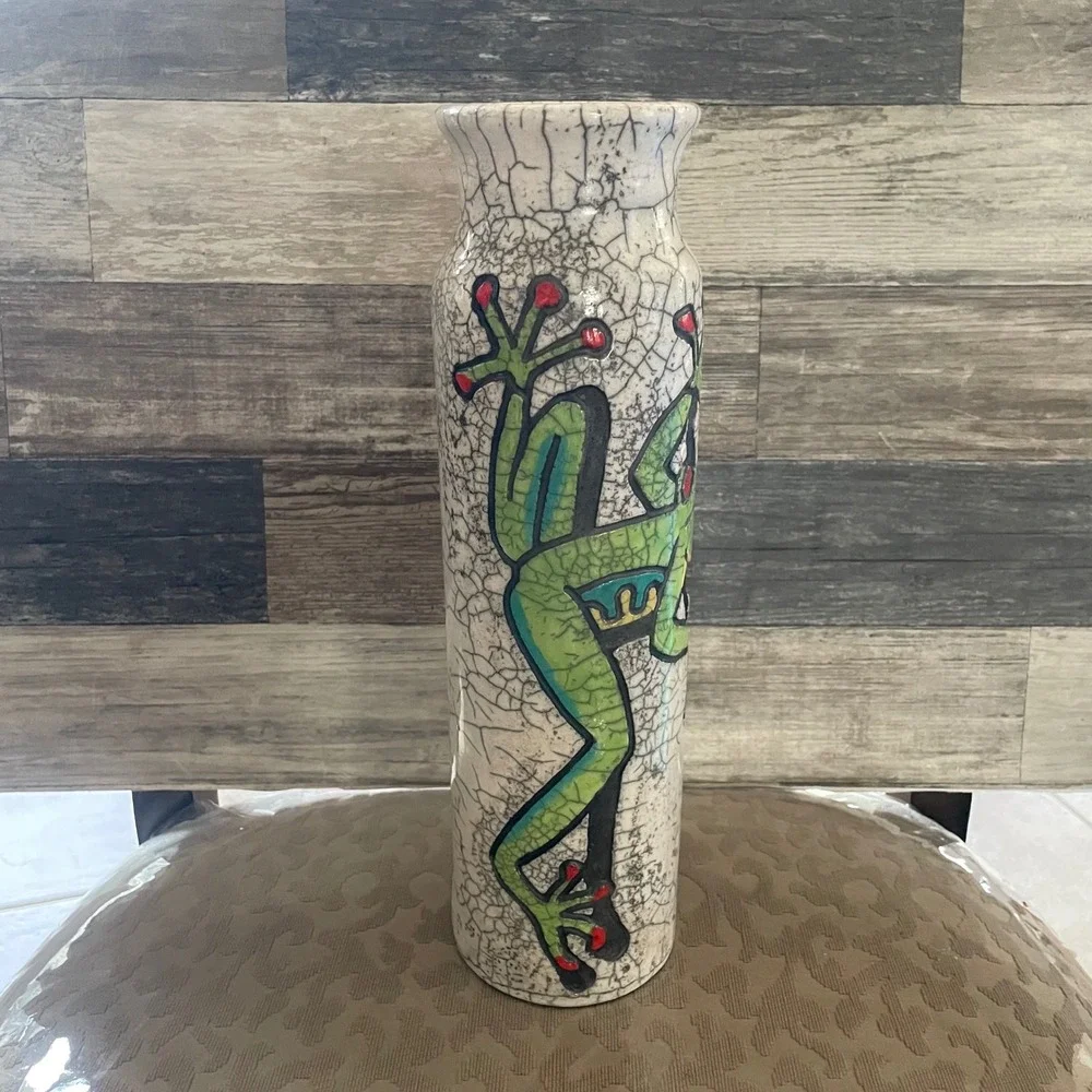 Artisan Raku Pottery Frog Vase Signed Hand Painted Crackle Glaze Ceramic 10 Inch